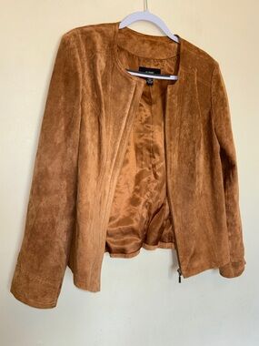 Alfani Suede Genuine Leather Jacket Sz Large Women’s Boho Minimalist Zip Caramel